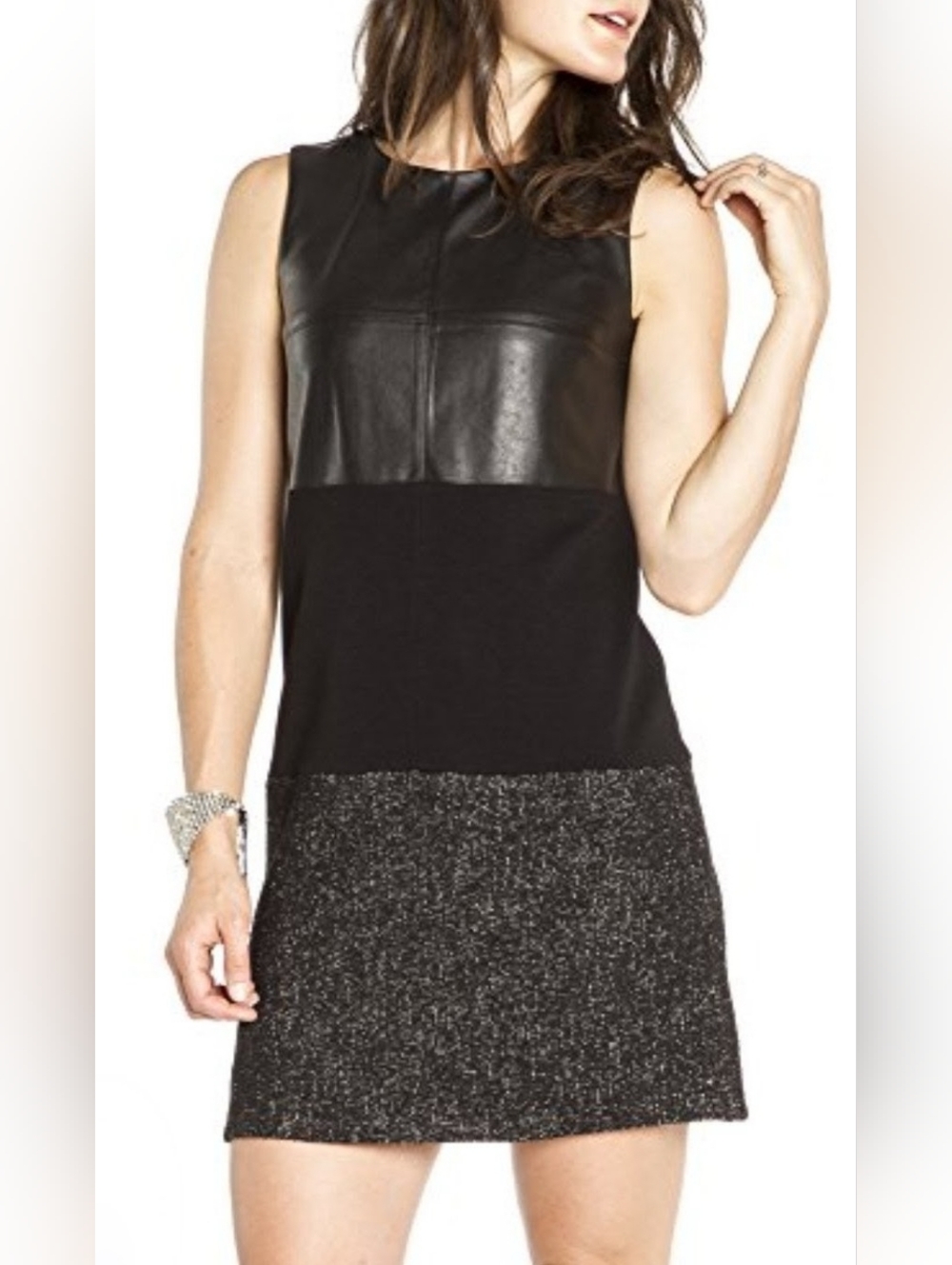 Bailey 44 Black Mixed-Media Sleeveless Shift Dress